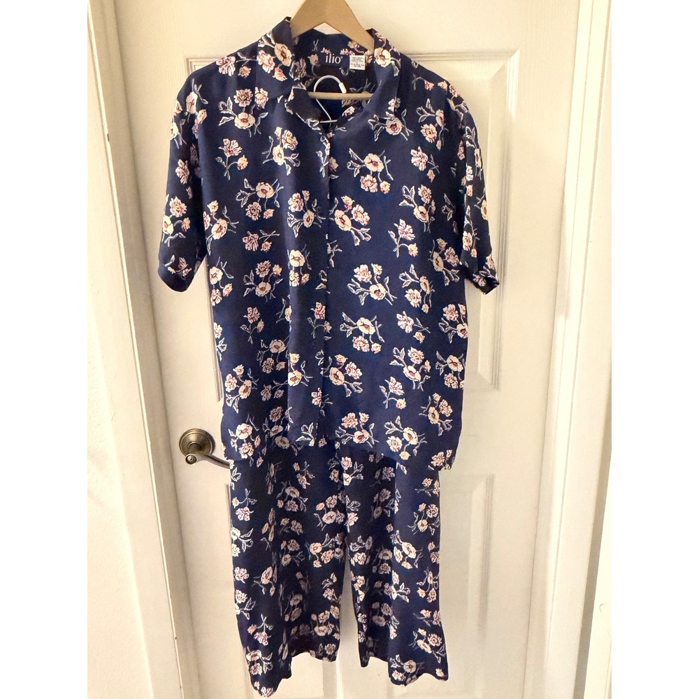 Vintage Ilio 100% Rayon Floral 2 Piece Set Navy Button Top Pants Large Wide Leg